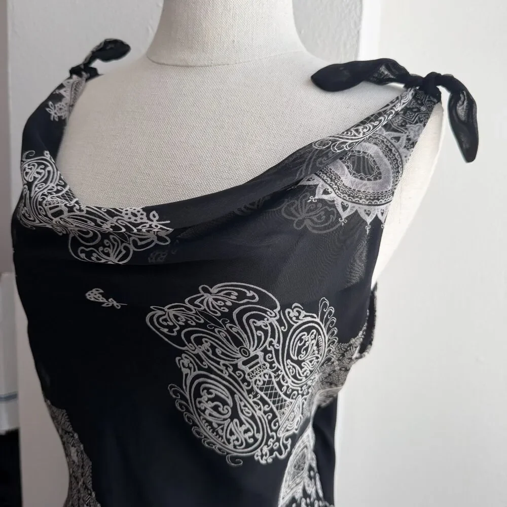 Y2K Sangria Black Mesh Overlay Midi Dress Paisley Sheer Tie Strap Slip 12 - Picture 3 of 8